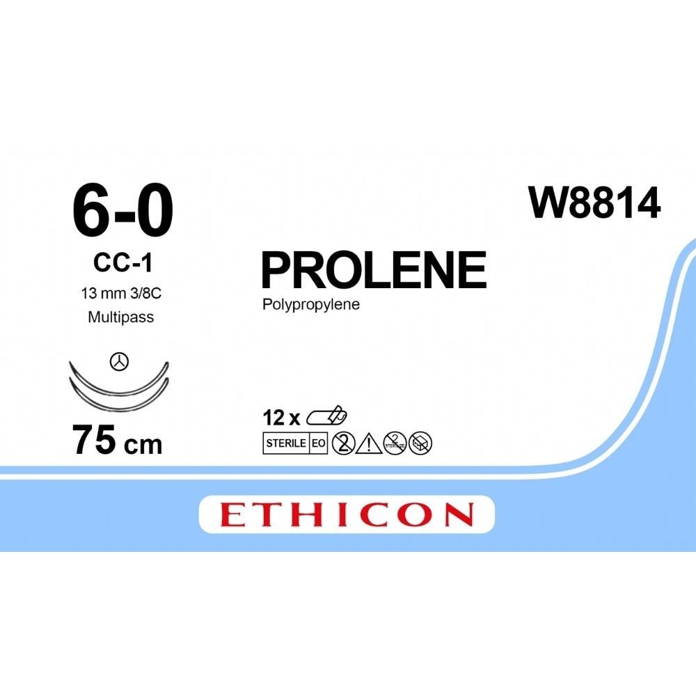 Ethicon Ethicon PROLENE Polypropylene Blue Non - Absorbable Veterinary Surgical Suture USP 6 - 0 75 cm Double - Armed CC - 1 MULTIPASS TAPERCUT CC Needles (13 mm) W8814 (Box of 12) UK W8814