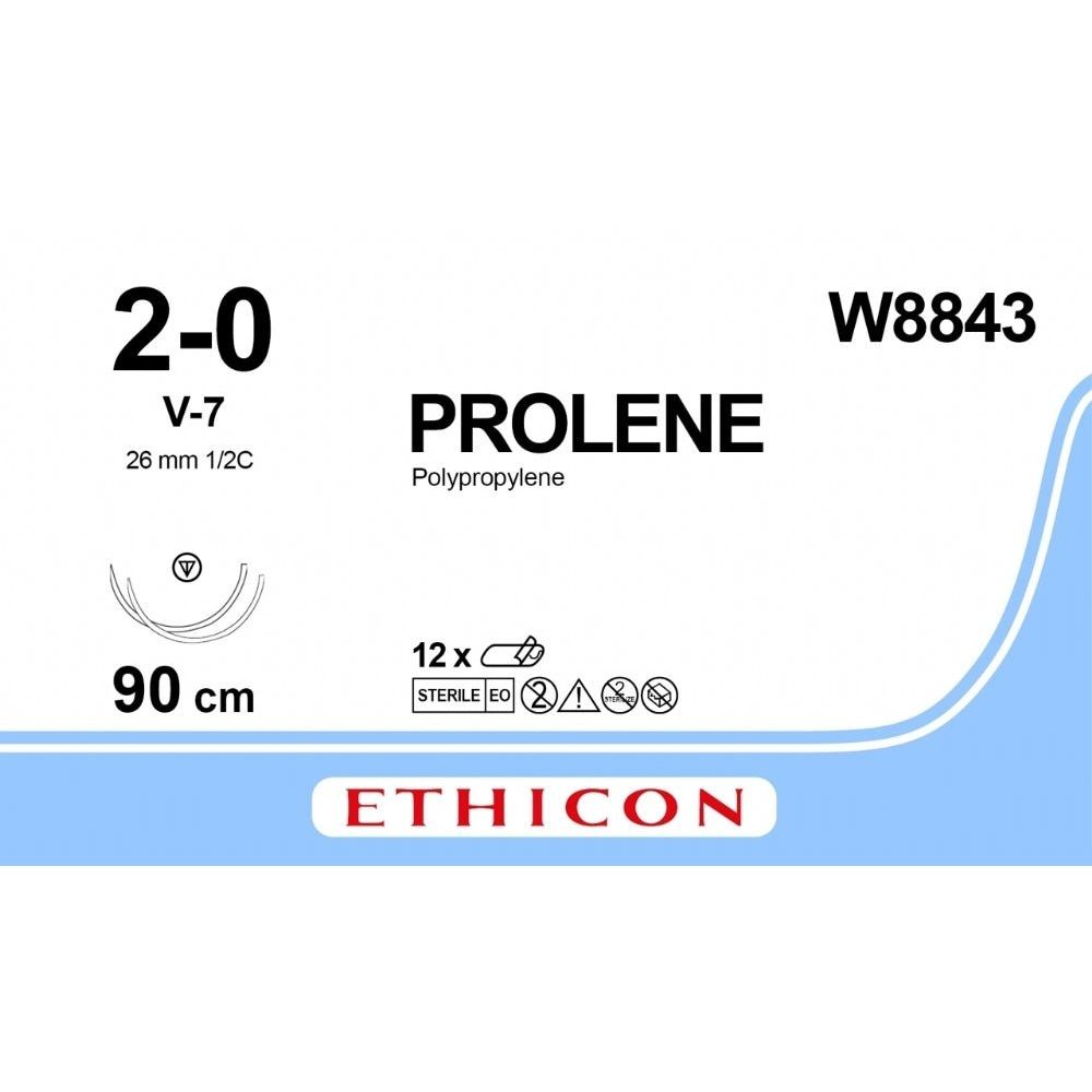 Ethicon Ethicon PROLENE Polypropylene Blue Non - Absorbable Veterinary Surgical Suture USP 2 - 0 90 cm Double - Armed V - 7 TAPERCUT Needles (26 mm) W8843 (Box of 12) UK W8843