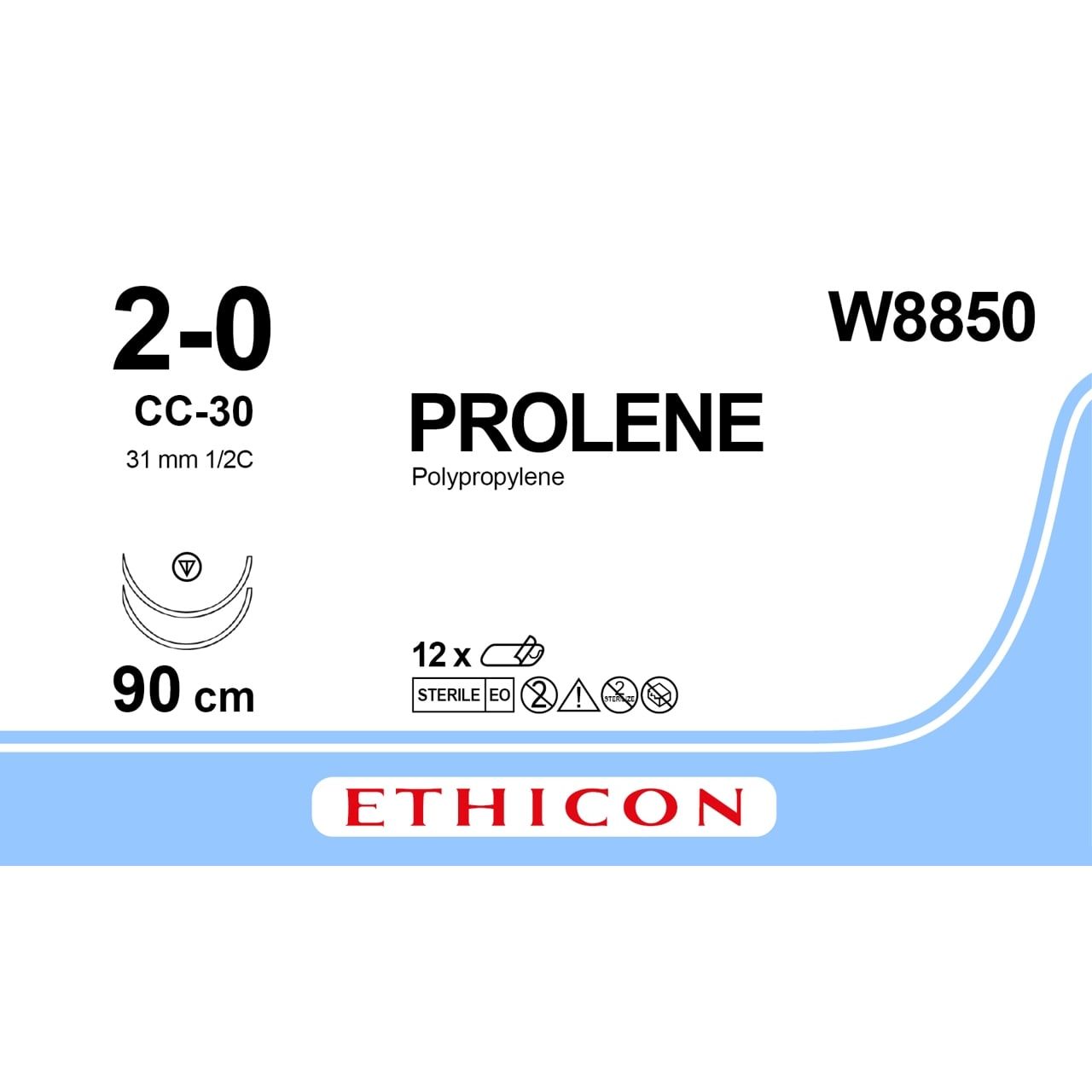 Ethicon Ethicon PROLENE Polypropylene Blue Non - Absorbable Surgical Suture USP 2 - 0 90 cm Double - Armed CC - 30 TAPERCUT Needles (31 mm) W8850 (Box of 12) UK W8850