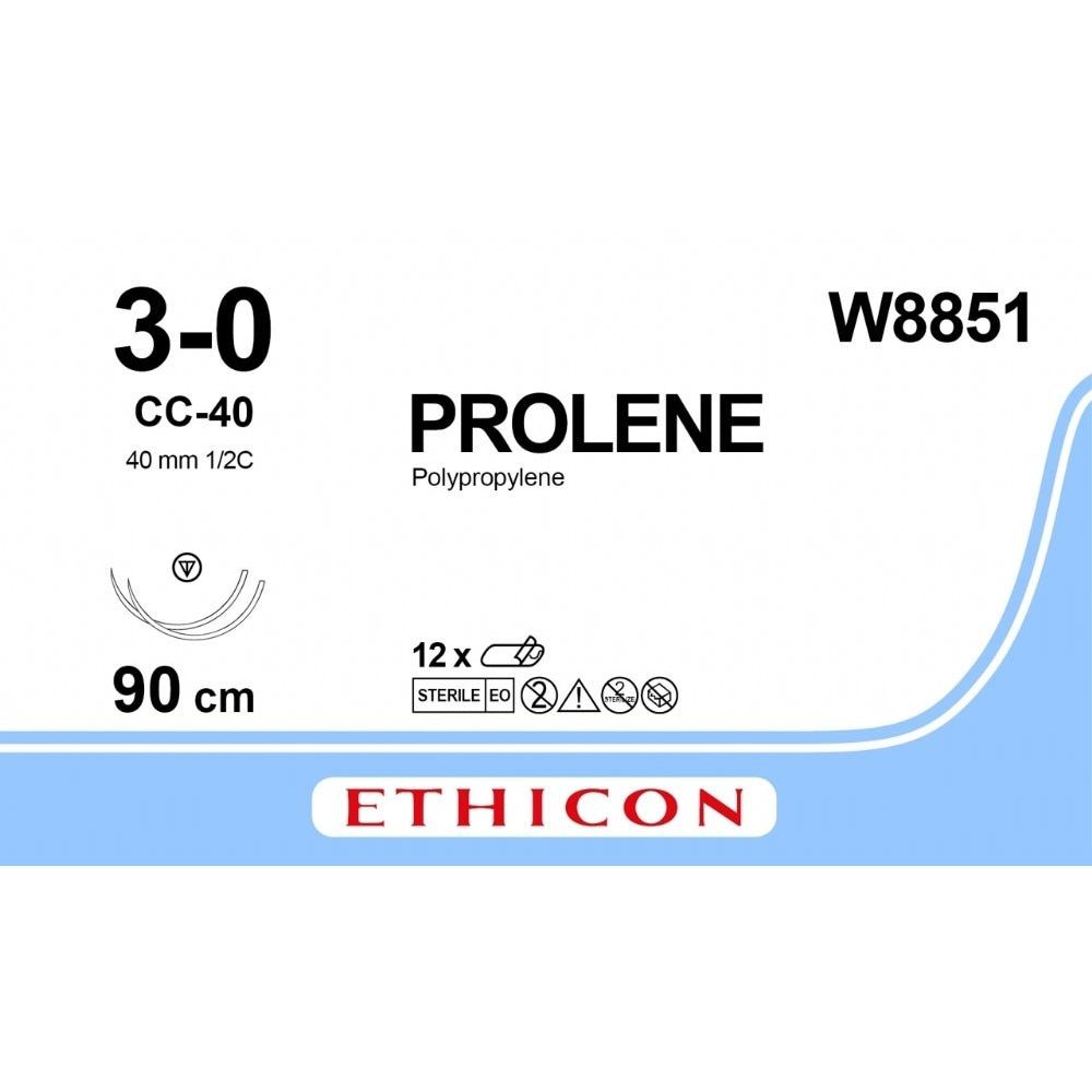 Ethicon Ethicon PROLENE Polypropylene Blue Non - Absorbable Veterinary Surgical Suture USP 3 - 0 90 cm Double - Armed CC - 40 TAPERCUT Needles (40 mm) W8851 (Box of 12) UK W8851