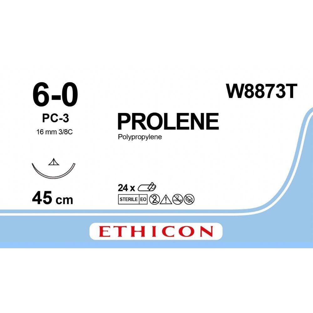 Ethicon Ethicon PROLENE Polypropylene Blue Non - Absorbable Surgical Suture USP 6 - 0 45 cm PC - 3 PRIME Conventional Cutting Needle (16 mm) W8873T (Box of 24) UK W8873T