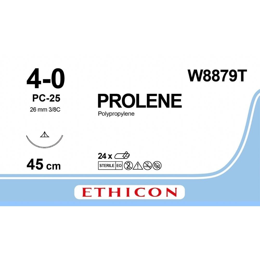 Ethicon Ethicon PROLENE Polypropylene Blue Non - Absorbable Surgical Suture USP 4 - 0 45 cm PC - 25 PRIME Conventional Cutting Needle (26 mm) W8879T (Box of 24) UK W8879T