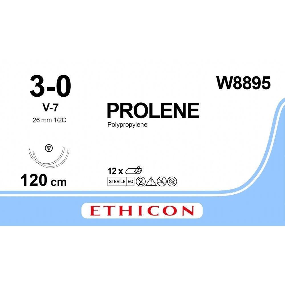 Ethicon Ethicon PROLENE Polypropylene Blue Non - Absorbable Surgical Suture USP 3 - 0 120 cm V - 7 Tapercut Needle (26 mm) W8895 (Box of 12) UK W8895