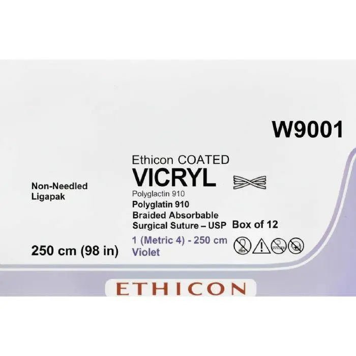 Ethicon Ethicon VICRYL Polyglactin 910 Braided Absorbable Surgical Suture – USP 1 – 250 cm (98 in) – Violet – Non - Needled Ligapak – W9001 (Box of 12) Size: 1 Colour: Violet Style: Non - needled (Ligapak) UK W9001