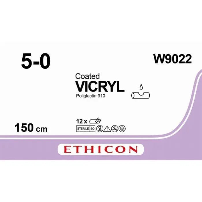 Ethicon Ethicon VICRYL Coated Polyglactin 910 Braided Absorbable Surgical Suture – USP 5 - 0 – 150 cm – Violet – Unarmed / Ligature – W9022 (Box of 12) Size: 5 - 0 Colour: Violet Style: NA UK W9022