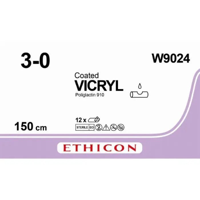 Ethicon Ethicon VICRYL Polyglactin 910 Braided Absorbable Surgical Suture – USP 3 - 0 – 150 cm – Violet – Unarmed (No Needle) – W9024 (Box of 12) Size: 3 - 0 Colour: Violet Style: NA UK W9024