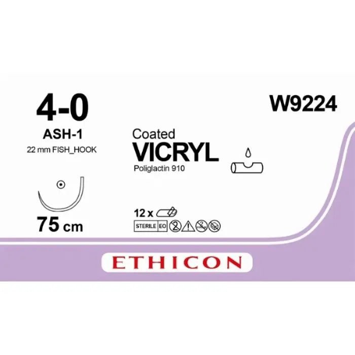 Ethicon Ethicon VICRYL Coated Polyglactin 910 Braided Absorbable Surgical Suture – USP 4 - 0 – 75 cm – Violet – Single - Armed Taper Point Needle 22 mm, Fish Hook – W9224 (Box of 12) Size: 4 - 0 Colour: Violet Style: Taper Point UK W9224