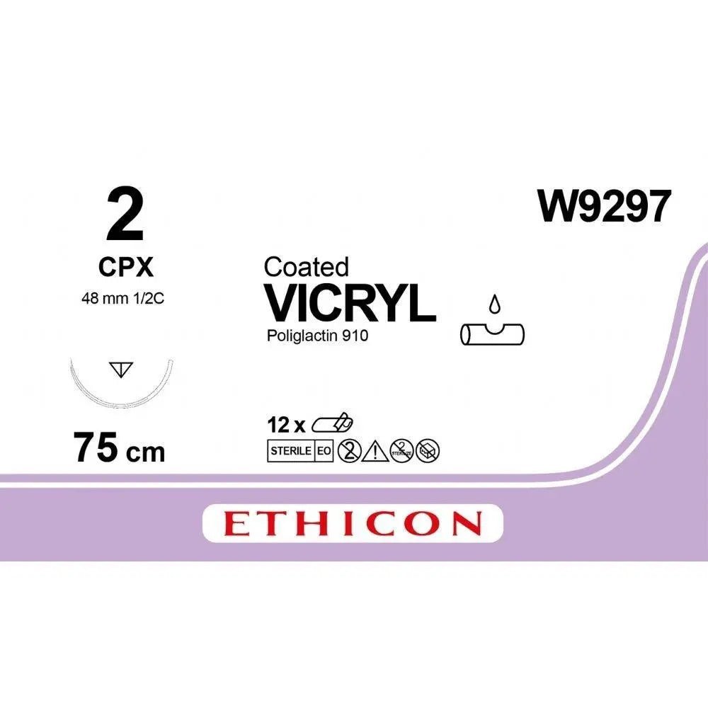 Ethicon Ethicon VICRYL Polyglactin 910 Braided Absorbable Surgical Suture – USP 2 – 75 cm – Violet – Single - Armed Taper Point CPX Needle 48 mm, 1/2 Circle – W9297 (Box of 12) Size: 2 Colour: Violet Style: Taper Point CPX UK W9297