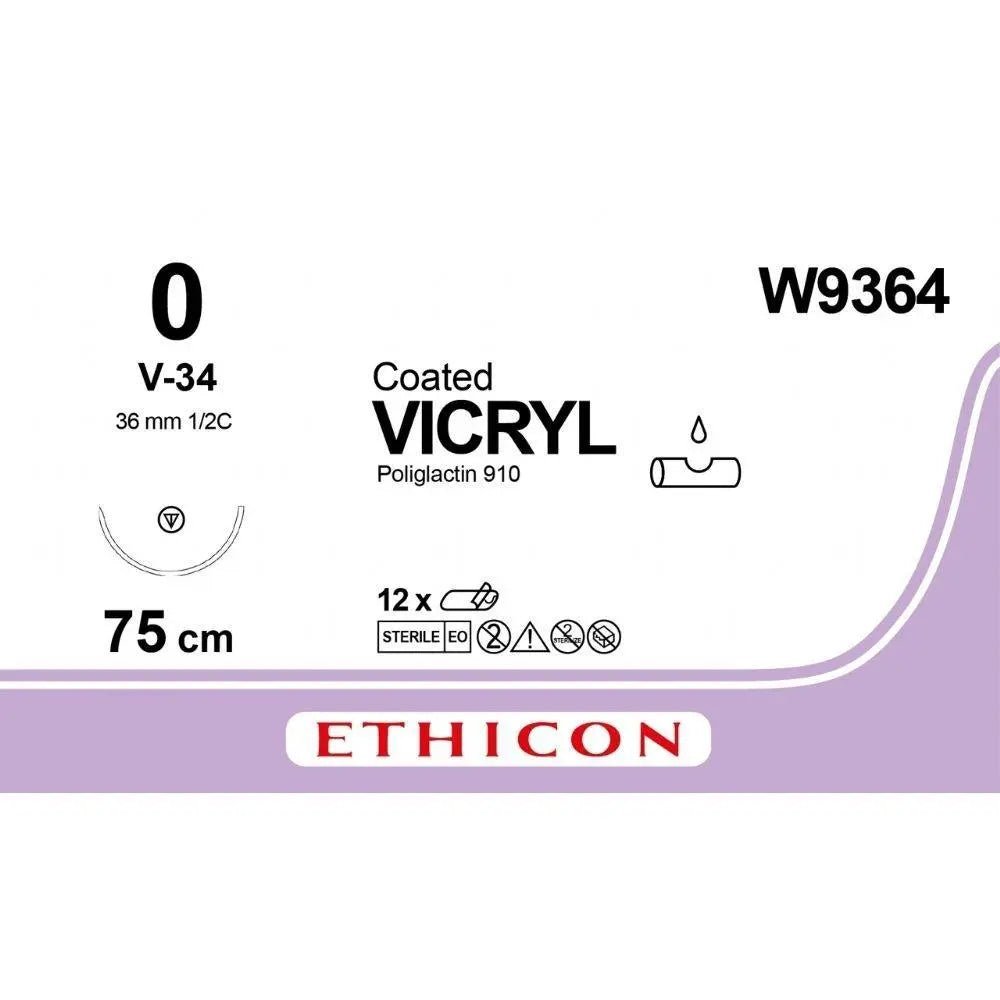Ethicon Ethicon VICRYL Polyglactin 910 Braided Absorbable Surgical Suture – USP 0 – 75 cm – Violet – Single - Armed Taper Point V - 34 Needle 36 mm, 1/2 Circle – W9364 (Box of 12) Size: 0 Colour: Violet Style: aper Point V - 34 UK W9364