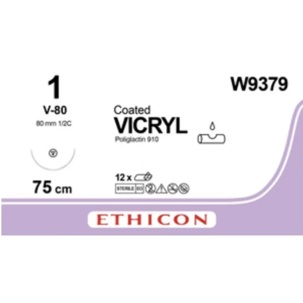 Ethicon Ethicon VICRYL Polyglactin 910 Braided Absorbable Surgical Suture – USP 1 – 75 cm – Violet – Single - Armed Taper Point V - 80 Needle 48 mm, 1/2 Circle – W9379 (Box of 12) Size: 1 Colour: Violet Style: Taper Point V - 80 UK W9379