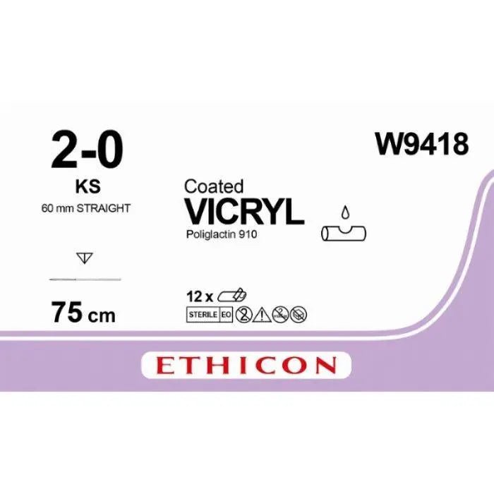 Ethicon Ethicon VICRYL Polyglactin 910 Braided Absorbable Surgical Suture – USP 2 - 0 – 75 cm – Violet – Single - Armed Reverse Cutting Needle 60 mm, Straight – W9418 (Box of 12) Size: 2 - 0 Colour: Violet Style: Reverse cutting UK W9418