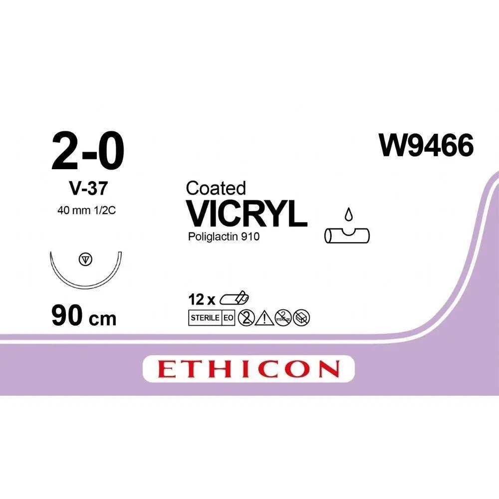 Ethicon Ethicon VICRYL Polyglactin 910 Braided Absorbable Surgical Suture – USP 2 - 0 – 90 cm – Violet – Single - Armed Taper Point V - 37 Needle 37 mm, 1/2 Circle – W9466 (Box of 12) Size: 2 - 0 Colour: Violet Style: Taper Point V - 37 UK W9466