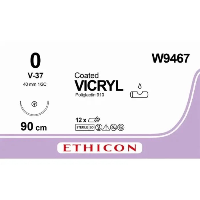Ethicon Ethicon VICRYL PLUS Polyglactin 910 Braided Absorbable Antibacterial Surgical Suture – USP 0 – 90 cm – Violet – Single - Armed Tapercut Needle 36 mm, 1/2 Circle – W9467 (Box of 36) Size: 0 Colour: Violet Style: non cutting UK W9467