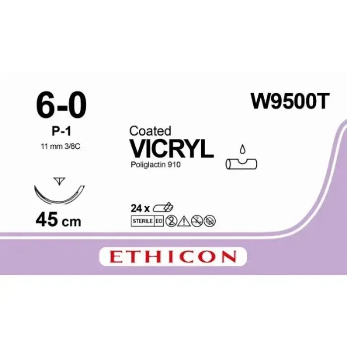 Ethicon Ethicon VICRYL Polyglactin 910 Braided Absorbable Surgical Suture – USP 6 - 0 – 45 cm – Undyed – Single - Armed Reverse Cutting Prime Needle 11 mm, 3/8 Circle – W9500T (Box of 24) Size: 6 - 0 Colour: Undyed Style: cutting UK W9500T