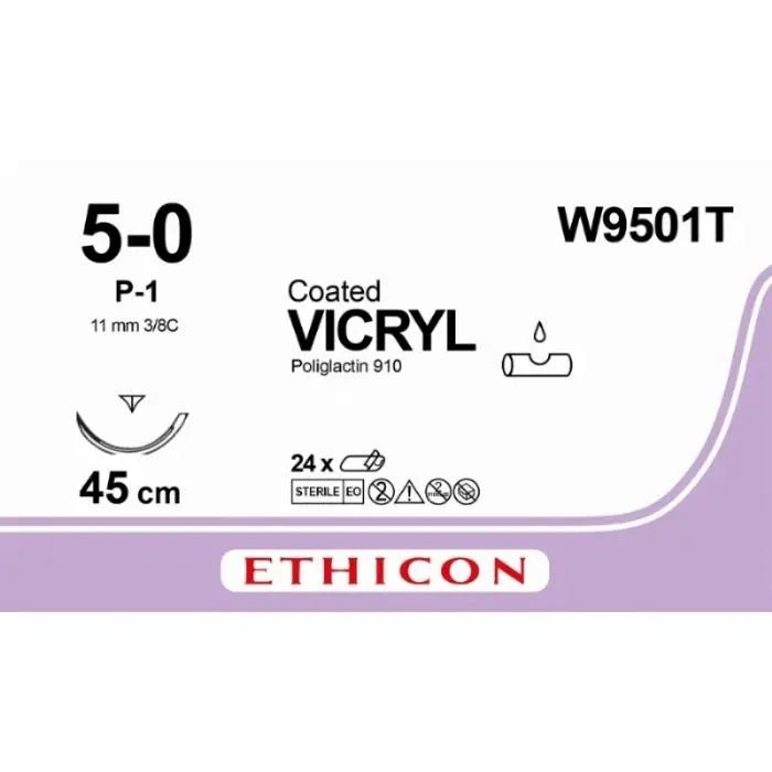 Ethicon Ethicon VICRYL PLUS Polyglactin 910 Braided Absorbable Antibacterial Surgical Suture – USP 5 - 0 – 45 cm – Undyed – Single - Armed Reverse Cutting Prime Needle 13 mm, 3/8 Circle – W9501T (Box of 36) Size: 5 - 0 Colour: Undyed Style: cutting UK W9501T