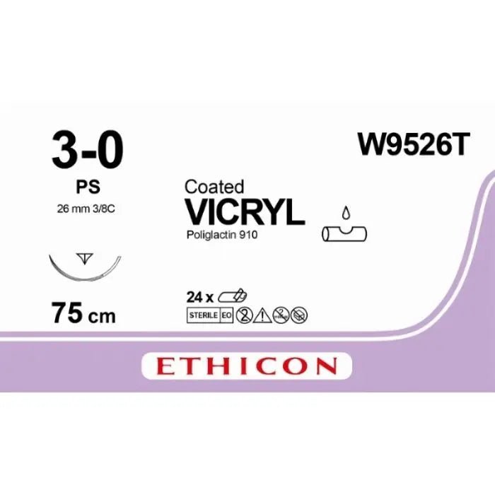 Ethicon Ethicon VICRYL PLUS Polyglactin 910 Braided Absorbable Antibacterial Surgical Suture – USP 3 - 0 – 70 cm – Undyed – Single - Armed Conventional Cutting PC Needle 26 mm, 3/8 Circle – W9526T (Box of 36) Size: 3 - 0 Colour: Undyed UK W9526T