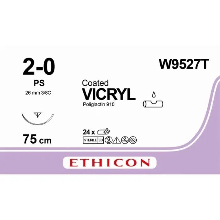 Ethicon Ethicon VICRYL PLUS Polyglactin 910 Braided Absorbable Antibacterial Surgical Suture – USP 2 - 0 – 70 cm – Undyed – Single - Armed Conventional Cutting PC Needle 26 mm, 3/8 Circle – W9527T (Box of 36) Size: 2 - 0 Colour: Undyed Style: cutting UK W9527T