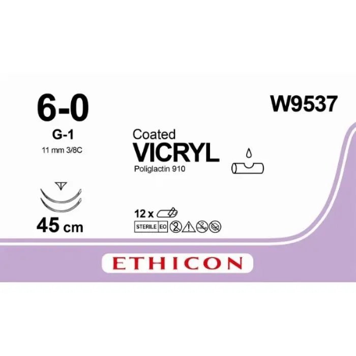Ethicon Ethicon VICRYL Coated Polyglactin 910 Braided Absorbable Surgical Suture – USP 6 - 0 – 45 cm – Violet – Double - Armed Reverse Cutting Prime Needles 11 mm, 3/8 Circle – W9537 (Box of 12) Size: 6 - 0 Colour: Violet Style: cutting UK W9537