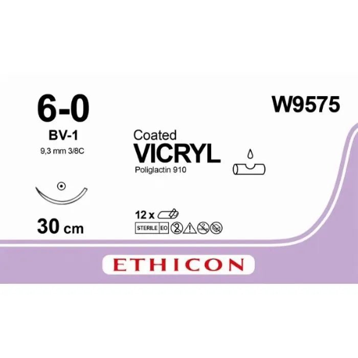 Ethicon Ethicon VICRYL Coated Polyglactin 910 Braided Absorbable Surgical Suture – USP 6 - 0 – 30 cm – Violet – Single - Armed Taper Point Needle 9.3 mm, 3/8 Circle – W9575 (Box of 12) Size: 6 - 0 Colour: Violet Style: Taper Point UK W9575