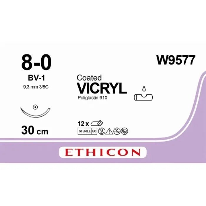 Ethicon Ethicon VICRYL Coated Polyglactin 910 Braided Absorbable Surgical Suture – USP 8 - 0 – 30 cm – Violet – Single - Armed Taper Point Needle 9.3 mm, 3/8 Circle – W9577 (Box of 12) Size: 8 - 0 Colour: Violet Style: Taper Point UK W9577