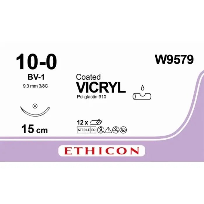 Ethicon Ethicon VICRYL Coated Polyglactin 910 Absorbable Surgical Suture – USP 10 - 0 – 15 cm – Violet – Single - Armed Taper Point Needle 9.3 mm, 3/8 Circle – W9579 (Box of 12) Size: 10 - 0 Colour: Violet Needle Config Style: Taper Point UK W9579