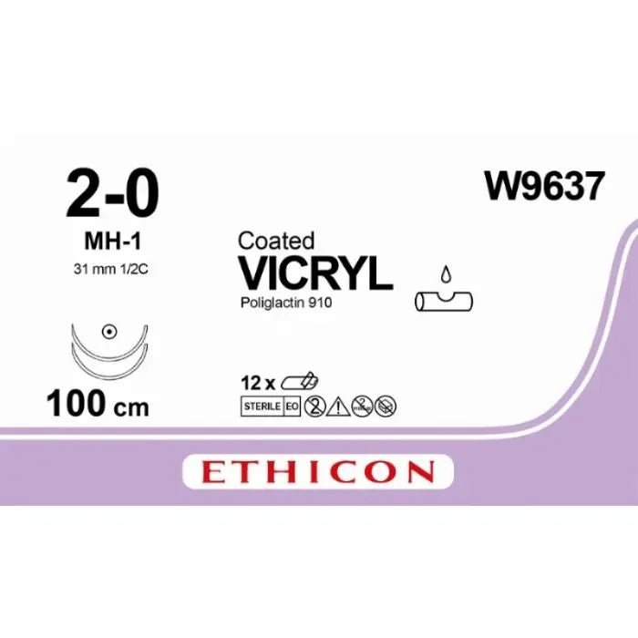 Ethicon Ethicon VICRYL PLUS Polyglactin 910 Braided Absorbable Antibacterial Surgical Suture – USP 2 - 0 – 90 cm – Violet – Single - Armed Taper Point Plus Needle 31 mm, 1/2 Circle – W9637 (Box of 36) Size: 2 - 0 Colour: Violet Style: non cutting UK W9637