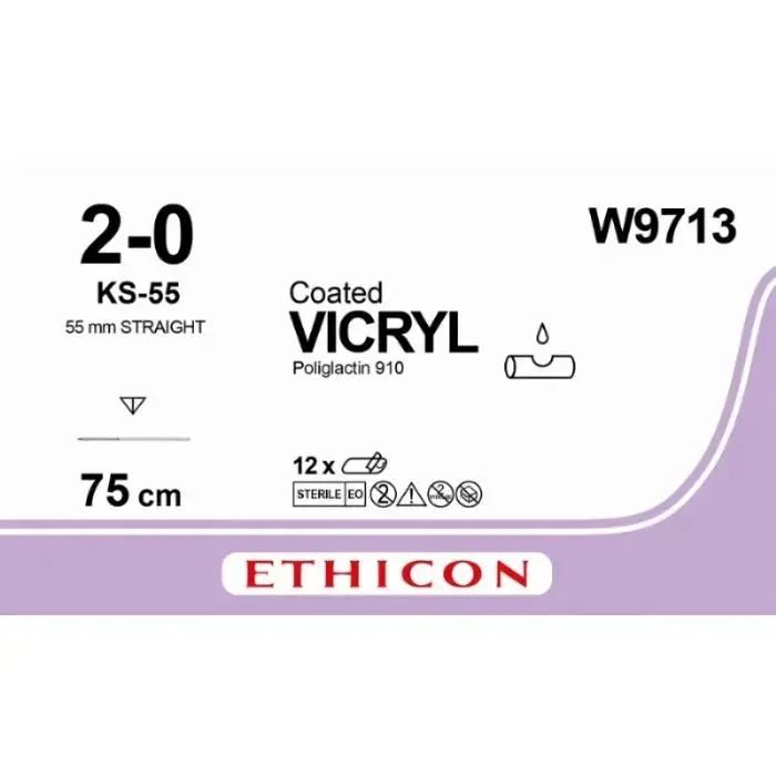 Ethicon Ethicon VICRYL PLUS Polyglactin 910 Braided Absorbable Antibacterial Surgical Suture – USP 2 - 0 – 70 cm – Undyed – Single - Armed Reverse Cutting STRAIGHT Needle 60 mm – W9713 (Box of 36) Size: 2 - 0 Colour: Undyed Style: Reverse cutting UK W9713