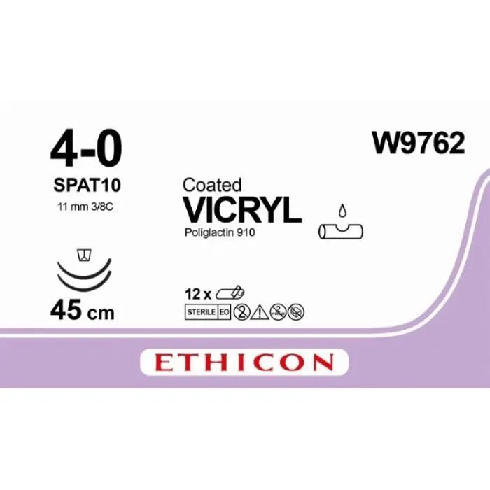 Ethicon Ethicon VICRYL Polyglactin 910 Braided Absorbable Surgical Suture – USP 4 - 0 – 45 cm – Undyed – Double - Armed Reverse Spatula Needles 11 mm, 3/8 Circle – W9762 (Box of 12) Size: 4 - 0 Colour: Undyed Style: Reverse spatula UK W9762