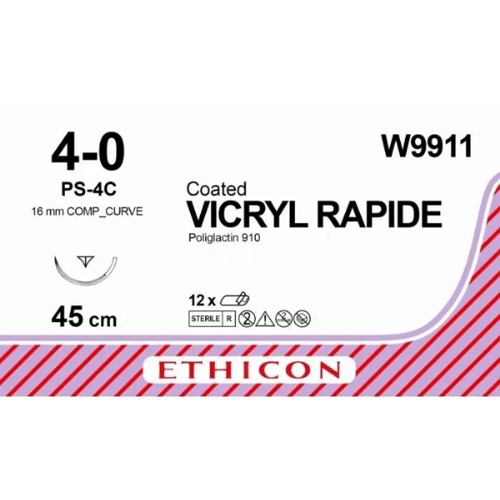Ethicon Ethicon VICRYL RAPIDE Braided Polyglactin 910 Absorbable Surgical Suture – USP 4 - 0 – 45 cm – Undyed – Reverse Cutting Prime Needle (16 mm, Compound Curve) – W9911 (Box of 12) Size: 4 - 0 Colour: Undyed Style: Reverse Cutting Prime UK W9911