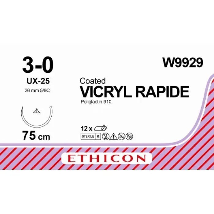 Ethicon Ethicon VICRYL RAPIDE Braided Polyglactin 910 Absorbable Surgical Suture – USP 3 - 0 – 75 cm – Undyed – Conventional Cutting PC Needle (26 mm, 5/8 Circle) – W9929 (Box of 12) Size: 3 - 0 Colour: Undyed Style: Conventional Cutting PC UK W9929
