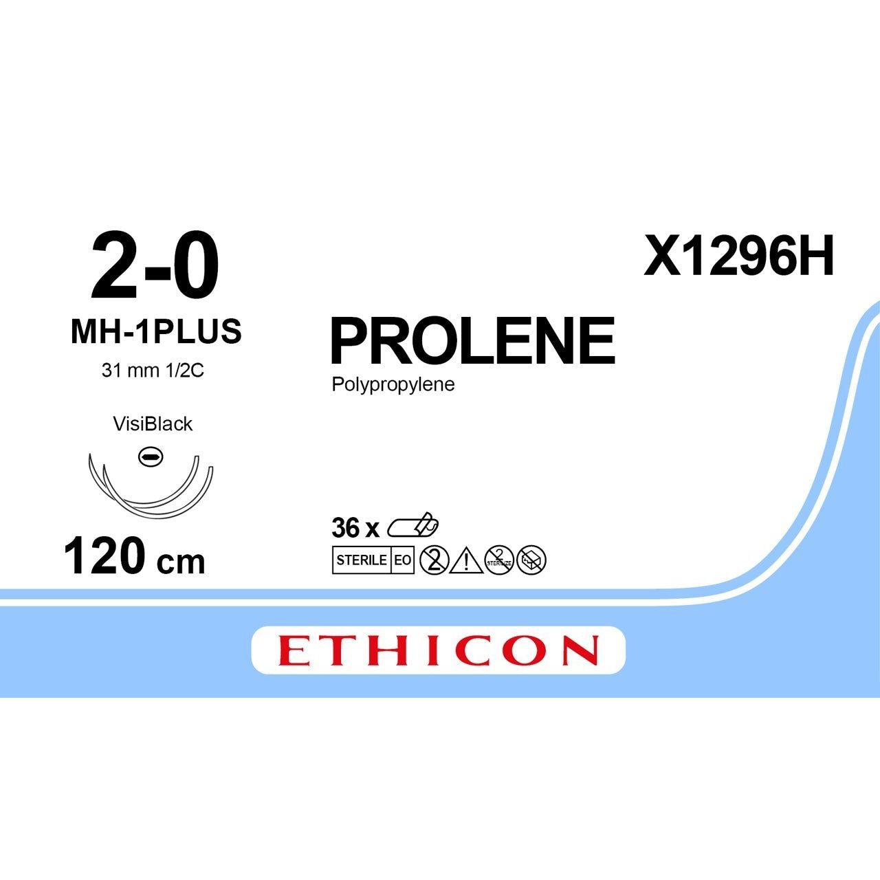 Ethicon Ethicon PROLENE Polypropylene Blue Non - Absorbable Surgical Suture USP 2 - 0 120 cm MH - 1 PLUS VISIBLACK Taperpoint Needle (31 mm) X1296H (Box of 36) UK X1296H