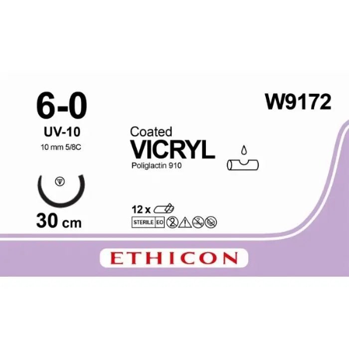 Ethicon Ethicon VICRYL Coated Polyglactin 910 Braided Absorbable Surgical Suture – USP 6 - 0 – 30 cm – Violet – Single - Armed TaperCut Needle 10 mm, 5/8 Circle – W9172 (Box of 12) Size: 6 - 0 Colour: Violet Style: TaperCut UK W9172