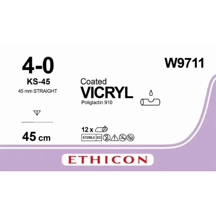 Ethicon Ethicon VICRYL PLUS Polyglactin 910 Braided Absorbable Antibacterial Surgical Suture – USP 4 - 0 – 45 cm – Violet – Single - Armed Reverse Cutting Needle 13 mm, Straight – W9711 (Box of 36) Size: 4 - 0 Colour: Violet UK W9711
