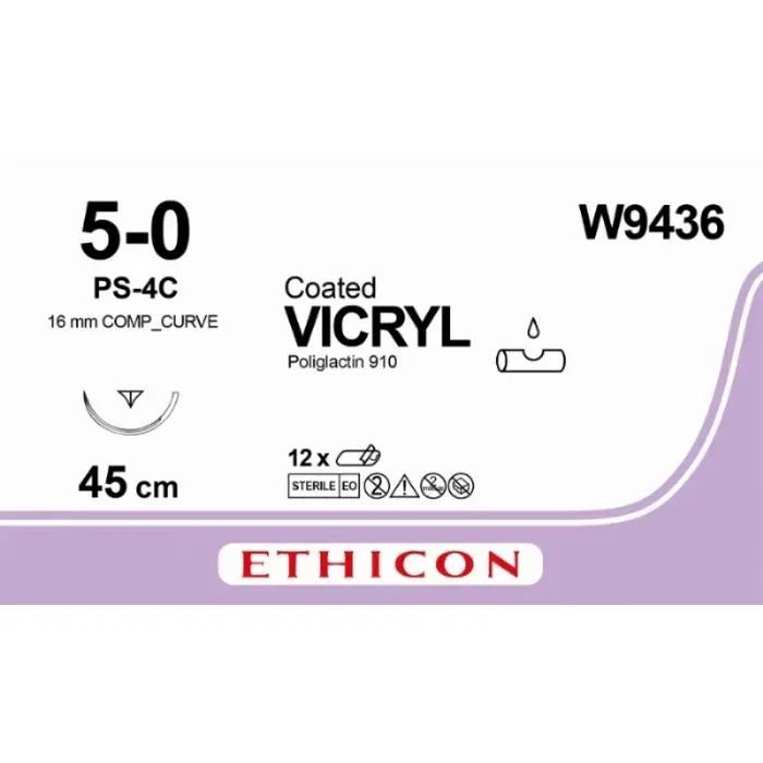 Ethicon Ethicon VICRYL Polyglactin 910 Braided Absorbable Surgical Suture – USP 5 - 0 – 45 cm – Undyed – Single - Armed Reverse Cutting Prime Needle 16 mm, Composite Curve – W9436 (Box of 12) Size: 5 - 0 Colour: Undyed UK W9436