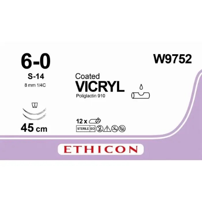 Ethicon Ethicon VICRYL Polyglactin 910 Braided Absorbable Surgical Suture – USP 6 - 0 – 45 cm – Undyed – Double - Armed Reverse Spatula Needles 8 mm, 1/4 Circle – W9752 (Box of 12) Size: 6 - 0 Colour: Undyed UK W9752