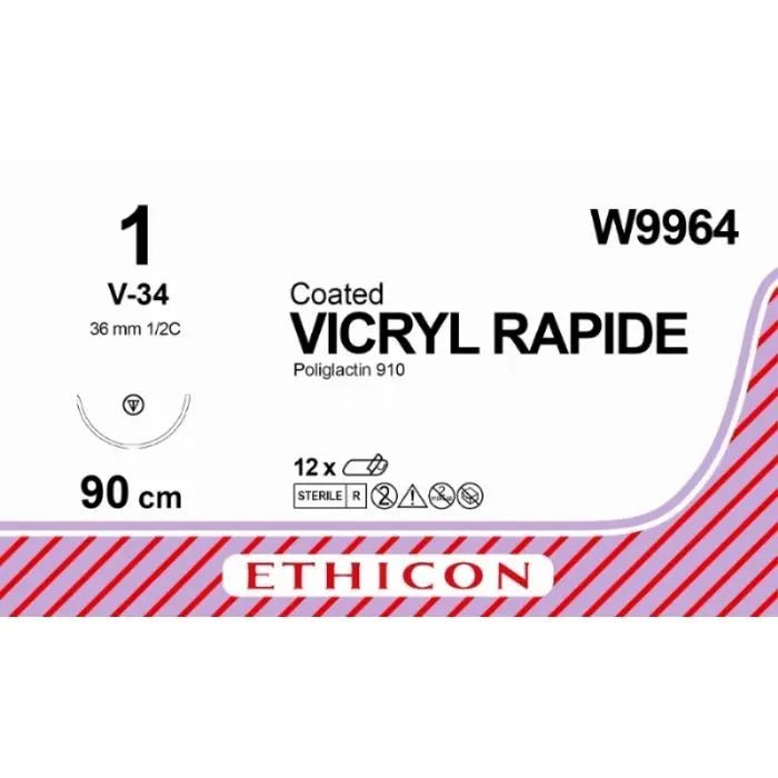 Ethicon Ethicon VICRYL RAPIDE Braided Polyglactin 910 Absorbable Surgical Suture – USP 1 – 90 cm – Undyed – Tapercut Needle (36 mm, 1/2 Circle) – W9964 (Box of 12) Size: 1 Colour: Undyed Style: Taper Cut UK W9964
