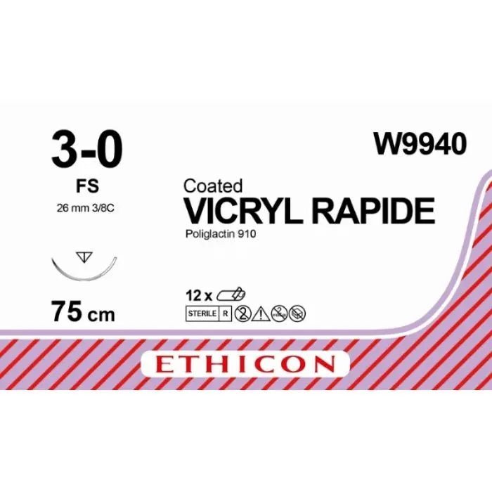 Ethicon Ethicon VICRYL RAPIDE Braided Polyglactin 910 Absorbable Surgical Suture – USP 3 - 0 – 75 cm – Undyed – Reverse Cutting Needle (26 mm, 3/8 Circle) – W9940 (Box of 12) Size: 3 - 0 Colour: Undyed Style: Reverse Cutting UK W9940