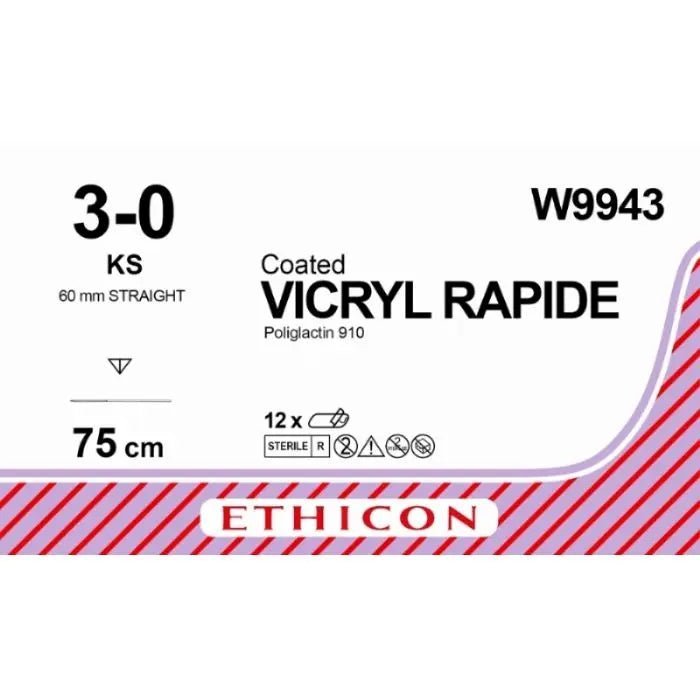 Ethicon Ethicon VICRYL RAPIDE Braided Polyglactin 910 Absorbable Surgical Suture – USP 3 - 0 – 75 cm – Undyed – Reverse Cutting Needle (60 mm, Straight) – W9943 (Box of 12) Size: 3 - 0 Colour: Undyed Style: Reverse Cutting UK W9943