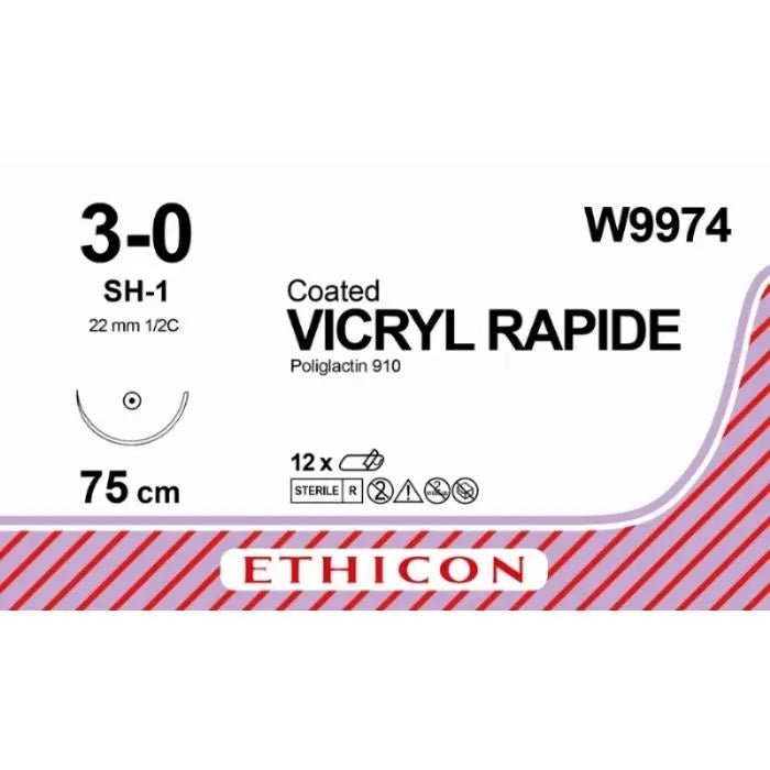 Ethicon Ethicon VICRYL RAPIDE Braided Polyglactin 910 Absorbable Surgical Suture – USP 3 - 0 – 75 cm – Undyed – Taper Point Needle (22 mm, 1/2 Circle) – W9974 (Box of 12) Size: 3 - 0 Colour: Undyed Style: Taper Point UK W9974