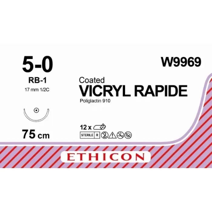 Ethicon Ethicon VICRYL RAPIDE Braided Polyglactin 910 Absorbable Surgical Suture – USP 5 - 0 – 75 cm – Undyed – Taper Point Needle (17 mm, 1/2 Circle) – W9969 (Box of 12) Size: 5 - 0 Colour: Undyed Style: Taper Point UK W9969