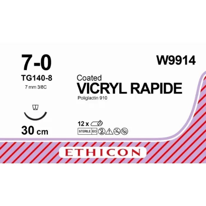 Ethicon Ethicon VICRYL RAPIDE Braided Polyglactin 910 Absorbable Surgical Suture – USP 7 - 0 – 30 cm – Violet – Reverse Spatula Needle (6.5 mm, 3/8 Circle) – W9914 (Box of 12) Size: 7 - 0 Colour: Violet Style: Reverse Spatula UK W9914