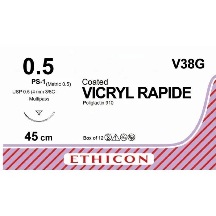 Ethicon Ethicon VICRYL RAPIDE Polyglactin 910 Braided Rapidly Absorbable Surgical Suture – USP 0.5 (Metric 0.5) – 45 cm – Violet – V38G (Box of 12) Size: 0.5 Colour: Violet (D&C Violet 2) UK V38G