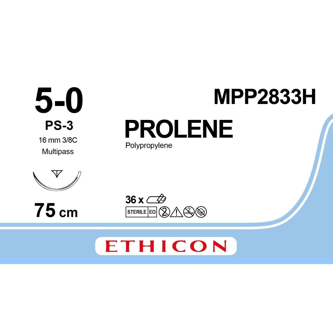 Ethicon Ethicon PROLENE Polypropylene Blue Non - Absorbable Surgical Suture USP 5 - 0 75 cm PS - 2 PRIME Reverse Cutting Needle MPP2833H (Box of 36) UK MPP2833H