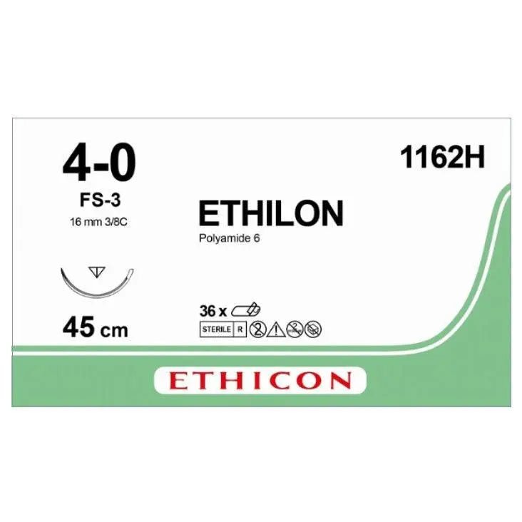 Ethicon Sutures Ethicon ETHILON™ Black Monofilament Non - Absorbable Surgical Suture – USP 4 - 0 – 18 in (45 cm) – Black – FS - 3 Reverse Cutting Needle 19 mm – 3/8 Circle – 1162H (Box of 36) Size: 4 - 0 Colour: Black Style: cutting UK 1162H