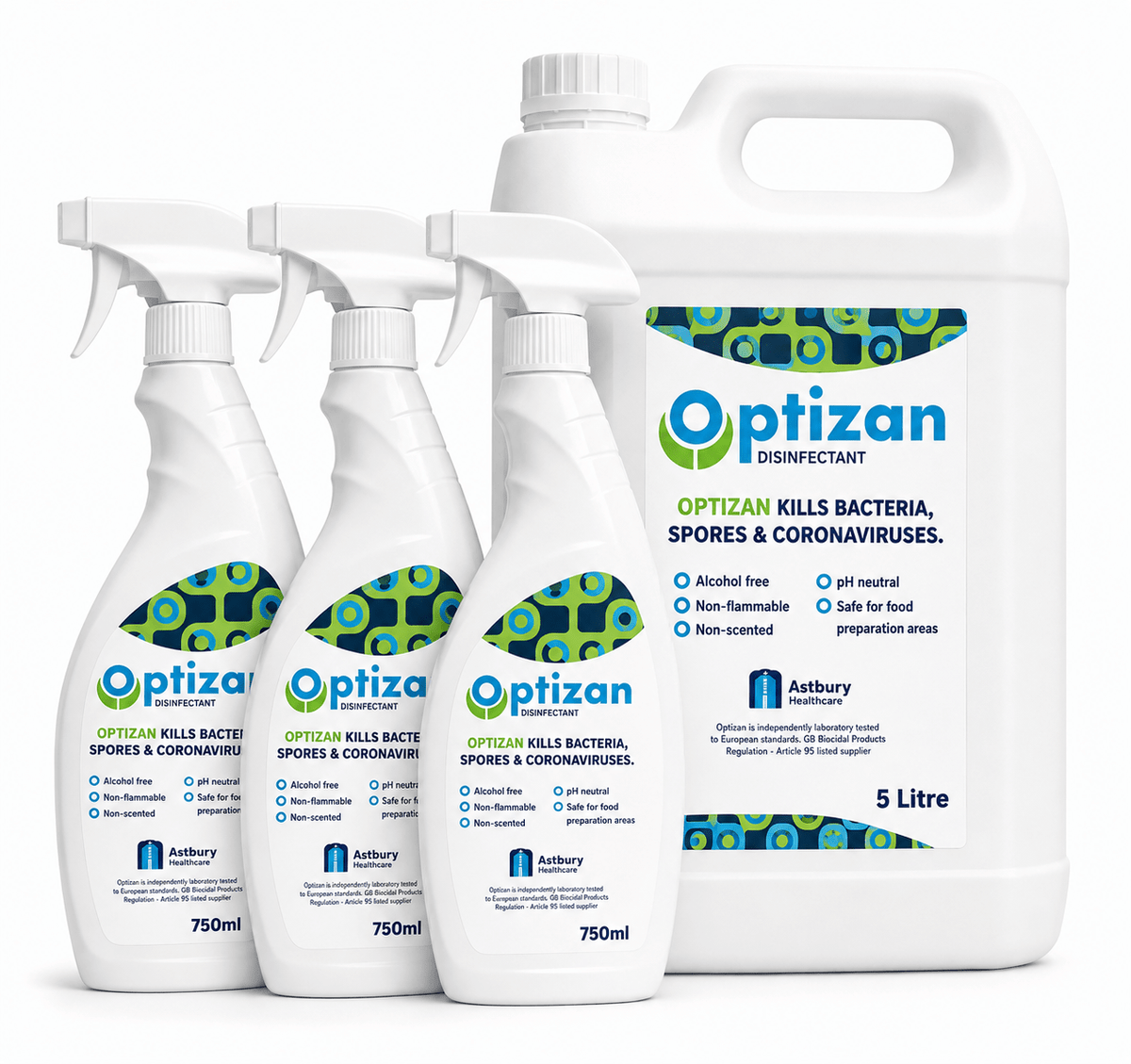 Dental Sutures Optizan 500ppm Hypochlorous Acid Dental Disinfectant Pack – 3 x 750ml + 5L Refill UK 