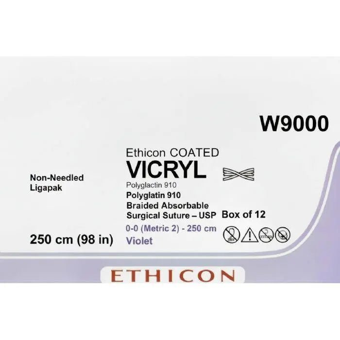 Ethicon Ethicon VICRYL Polyglactin 910 Braided Absorbable Surgical Suture – USP 0 – 250 cm (98 in) – Violet – Non - Needled Ligapak – W9000 (Box of 12) Size: 0 Colour: Violet Style: Non - needled (Ligapak) UK W9000