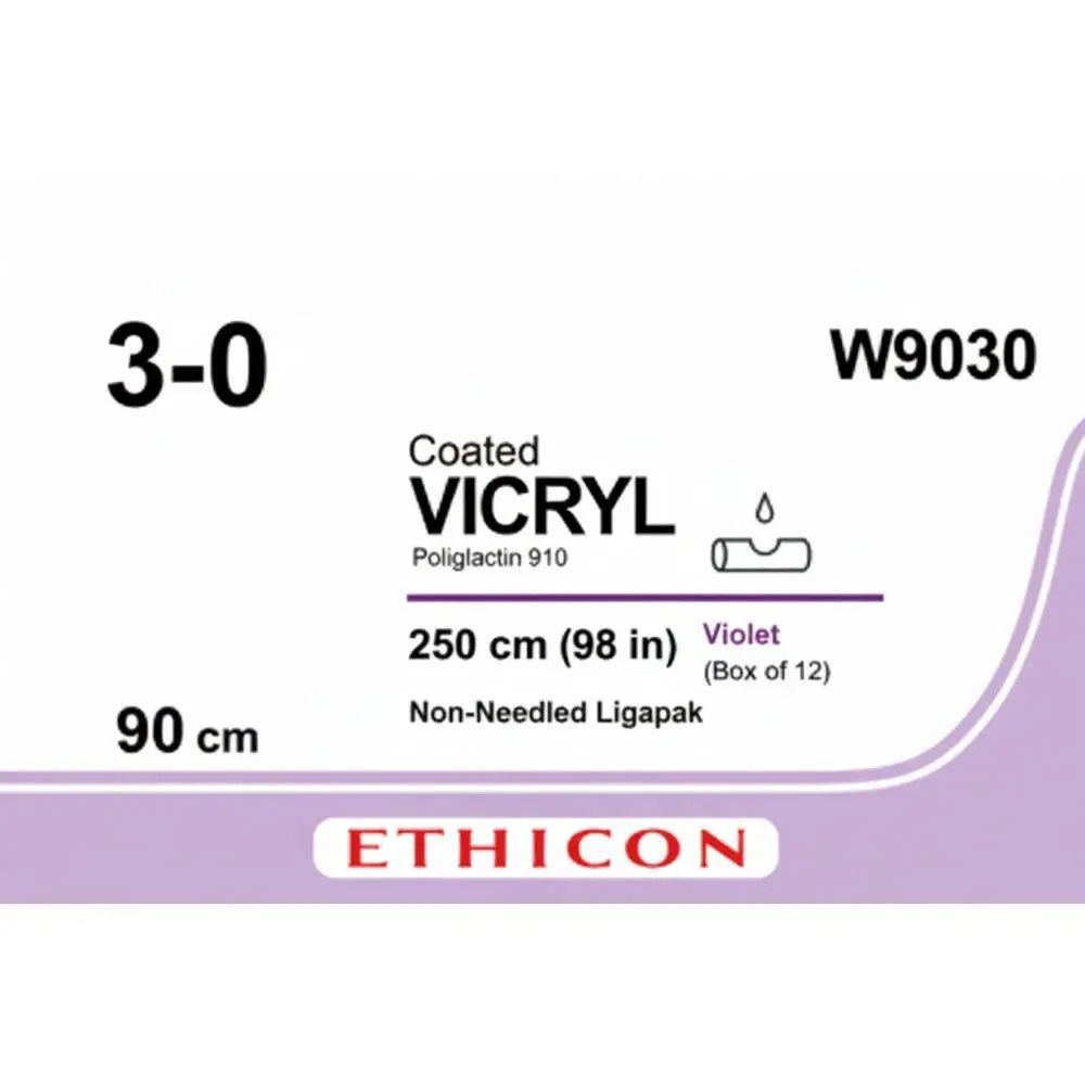 Ethicon Ethicon VICRYL Polyglactin 910 Braided Absorbable Surgical Suture – USP 3 - 0 – 250 cm (98 in) – Violet – Non - Needled Ligapak – W9030 (Box of 12) Size: 3 - 0 Colour: Violet Style: Non - needled (Ligapak) UK W9030
